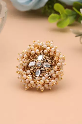 Gold & white color designer gajra kundan ring