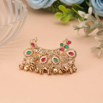 Green & rani color matte gold plated double finger kashmiri ring 1