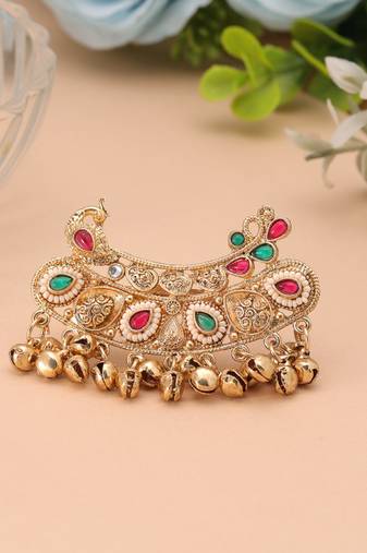 Green & rani color matte gold plated double finger kashmiri ring