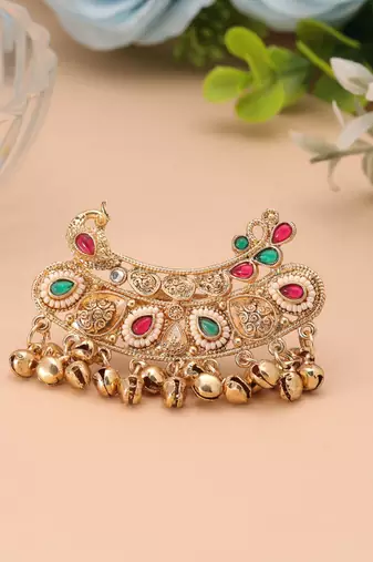 Green & rani color matte gold plated double finger kashmiri ring