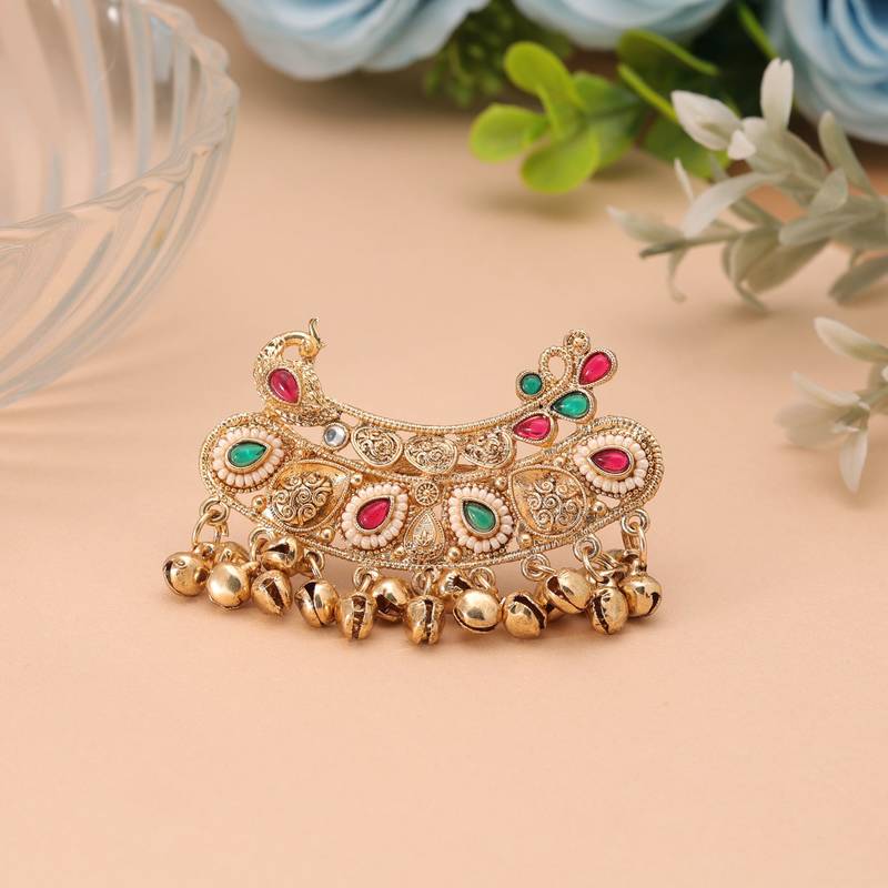 Green & rani color matte gold plated double finger kashmiri ring