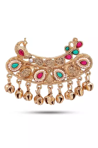 Green & rani color matte gold plated double finger kashmiri ring