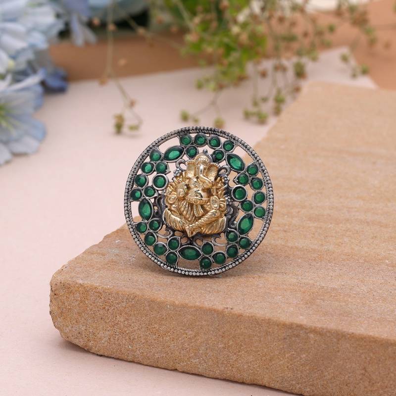 Green color dual tone oxidised rings traditional style