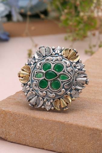 Green color dual tone oxidised rings traditional design