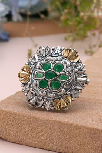 Green color dual tone oxidised rings traditional design