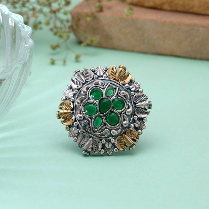 Green color dual tone oxidised rings traditional design