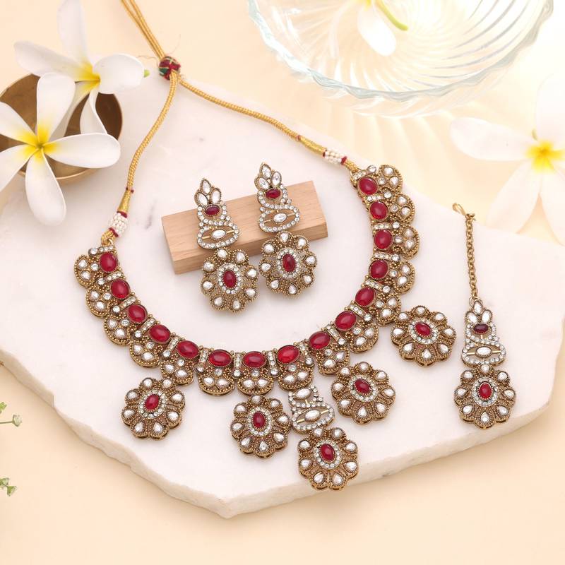 Traditional red color kundan jewellery set