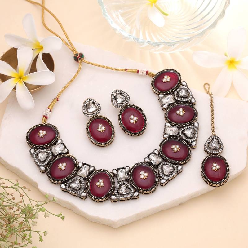 Maroon color traditional kundan jewellery set