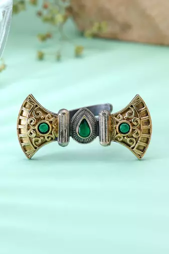 Green color dual tone oxidised rings fashion style