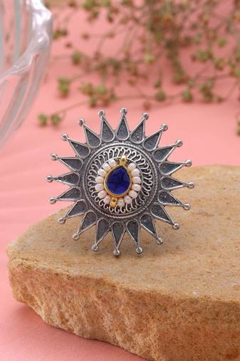 Blue color dual tone oxidised rings fashion appeal
