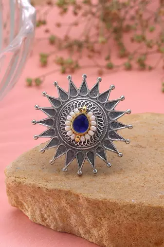 Blue color dual tone oxidised rings fashion appeal