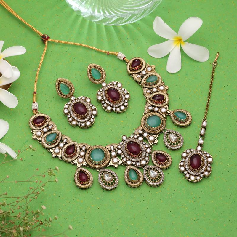 Maroon & light green color kundan jewellery set