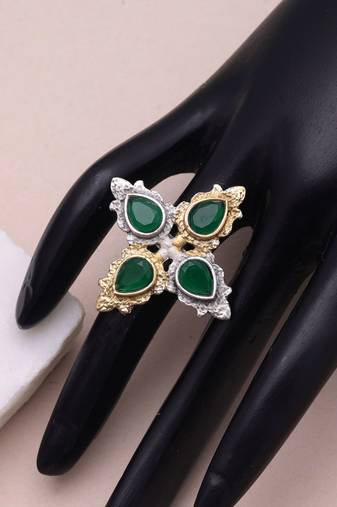 Green color dual tone oxidised rings festive fashion style