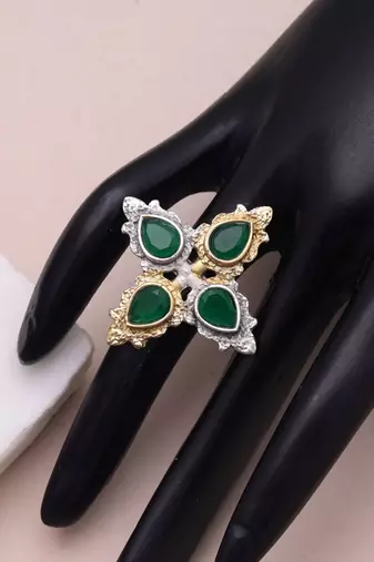 Green color dual tone oxidised rings festive fashion style