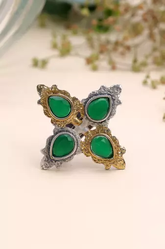 Green color dual tone oxidised rings festive fashion style
