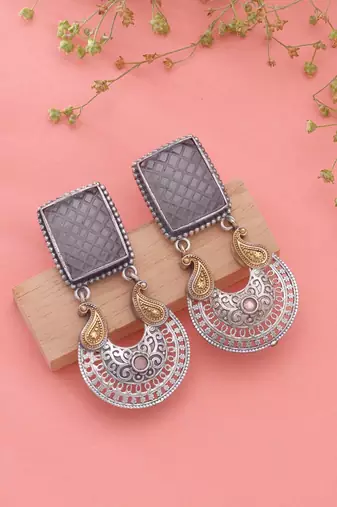 Grey color dual tone oxidised earrings ethnic style