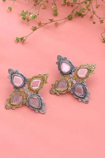 White color dual tone oxidised earrings traditional finish