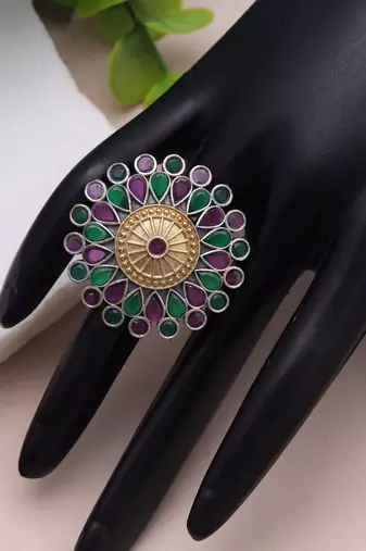 Purple & green color dual tone oxidised rings ethnic design