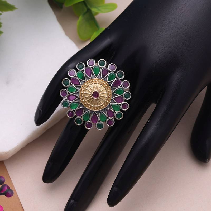 Purple & green color dual tone oxidised rings ethnic design