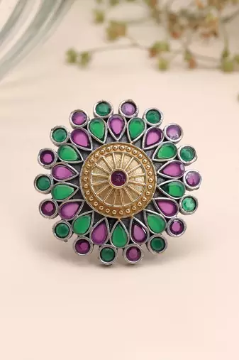 Purple & green color dual tone oxidised rings ethnic design