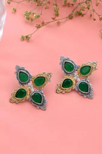 Green color dual tone oxidised earrings traditional design