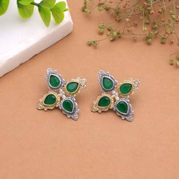 Green color dual tone oxidised earrings traditional design 2