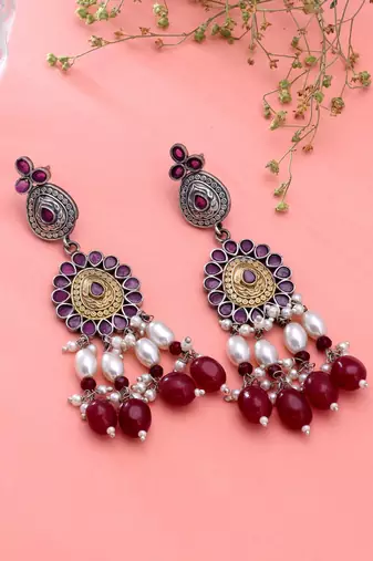 Maroon color dual tone oxidised earrings handmade fashion style
