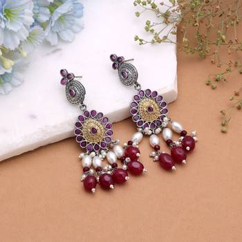 Maroon color dual tone oxidised earrings handmade fashion style 2