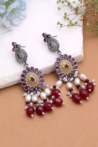 Maroon color dual tone oxidised earrings handmade fashion style