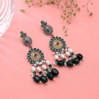 Green color dual tone oxidised earrings festive jewelry style 1