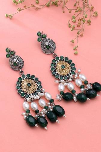 Green color dual tone oxidised earrings festive jewelry style