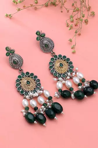 Green color dual tone oxidised earrings festive jewelry style