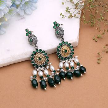 Green color dual tone oxidised earrings festive jewelry style 2