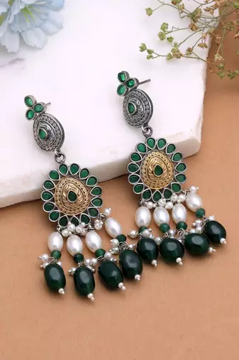 Green color dual tone oxidised earrings festive jewelry style