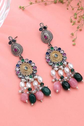 Multi color dual tone oxidised earrings designer wear
