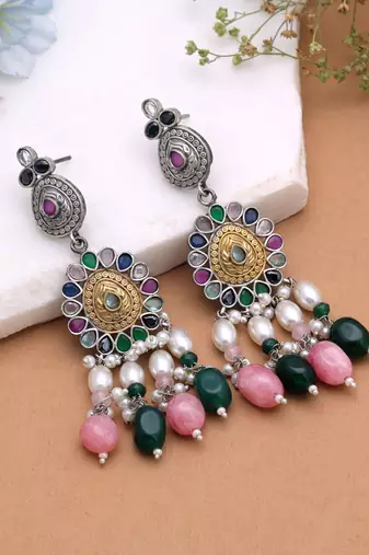 Multi color dual tone oxidised earrings designer wear