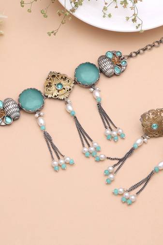 Sea green color dual tone oxidised necklace set designer style