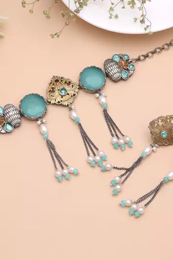 Sea green color dual tone oxidised necklace set designer style