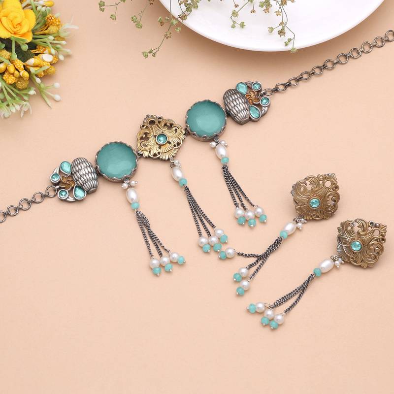 Sea green color dual tone oxidised necklace set designer style