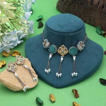 Sea green color dual tone oxidised necklace set designer style 2