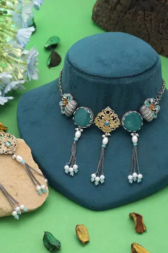 Sea green color dual tone oxidised necklace set designer style