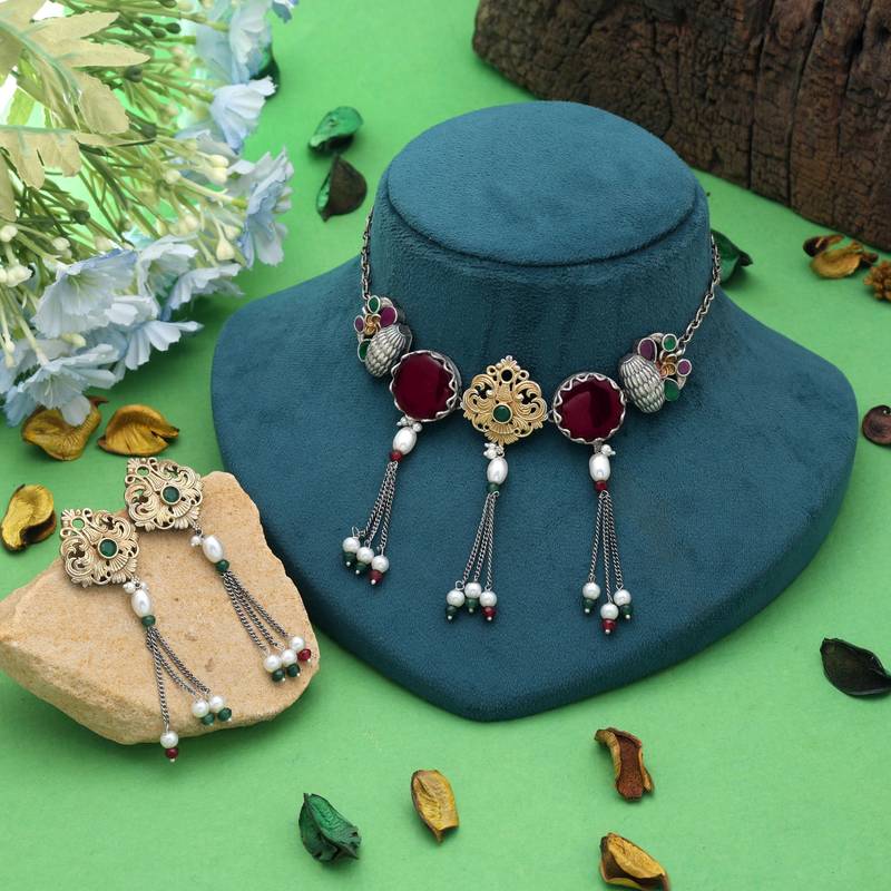 Maroon color dual tone oxidised necklace set handmade style