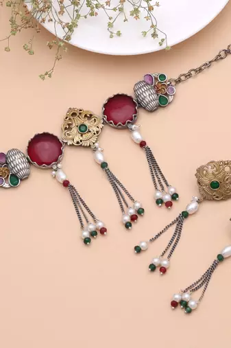 Maroon color dual tone oxidised necklace set handmade style