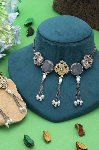 Grey color dual tone oxidised necklace set ethnic design