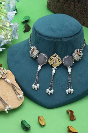Grey color dual tone oxidised necklace set ethnic design