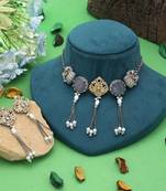 Grey color dual tone oxidised necklace set ethnic design