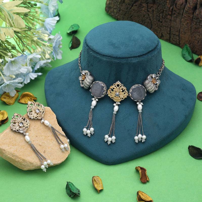 Grey color dual tone oxidised necklace set ethnic design