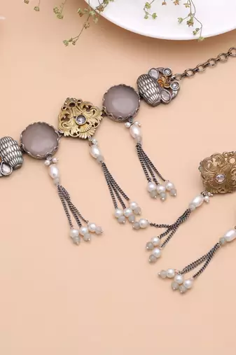 Grey color dual tone oxidised necklace set ethnic design