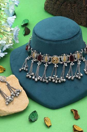 Multi color dual tone oxidised kashmiri necklace set heritage style