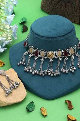 Multi color dual tone oxidised kashmiri necklace set heritage style